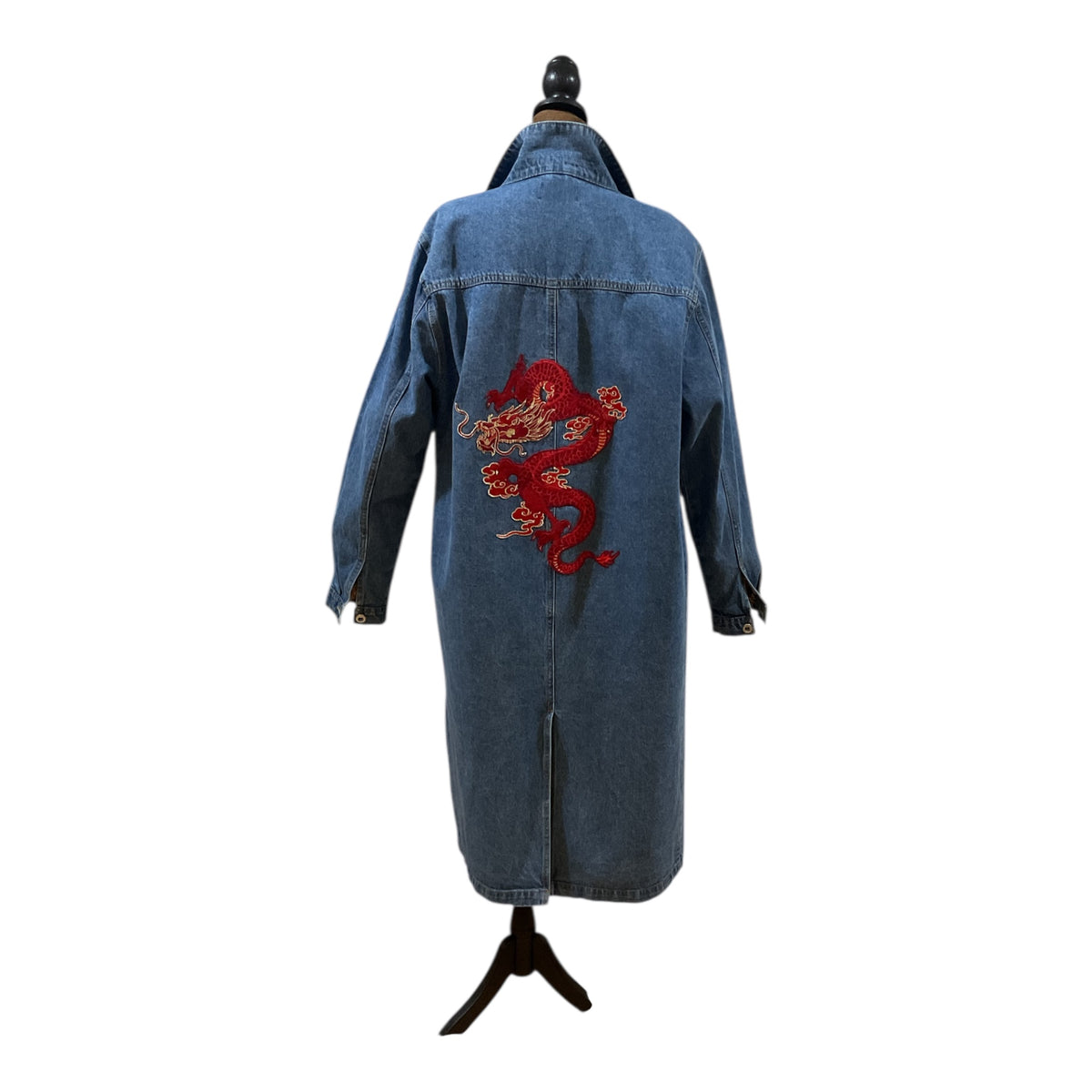 Button Down Denim Duster Adorned with Large Red Dragon